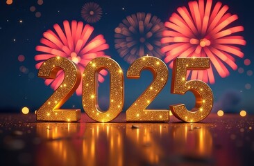 Banner with large shimmering golden numbers &lsquo;2025&rsquo; in the center, behind the numbers bright fireworks burst in the night sky, illuminating the background with bright colors.