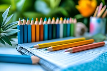 a group of colored pencils on a notebook. 
