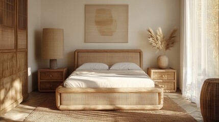 Elegant natural-style bedroom featuring a rattan bed frame and soft, earthy tones