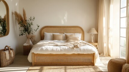 Elegant natural-style bedroom featuring a rattan bed frame and soft, earthy tones