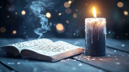 Obraz premium Open spell book filled with handwritten recipes for potions and curses illuminated by candlelight strange symbols and diagrams drawn on the aged parchment creating a sense of forbidden knowledge.