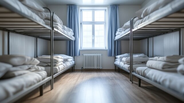 A row of bunk beds with a window in the background. Dormitory room with beds arranged for hostel guests. Concept Hostel Dormitory, Bed Arrangement, Shared Housing, Accommodation Layout, Guest Lodging