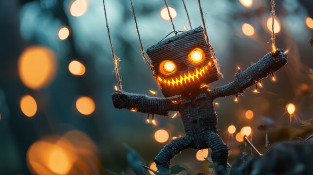 A creepy lifelike puppet with glowing eyes and a malevolent grin its strings dangling ominously in the air its wooden limbs posed in a grotesque parody of life.