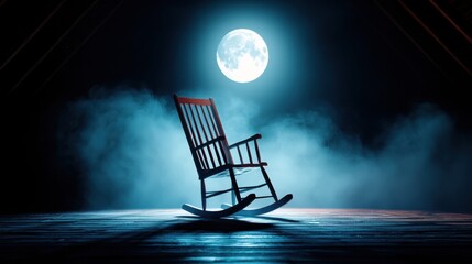 An antique rocking chair swaying gently back and forth in an otherwise still and dusty attic room illuminated only by the faint light of the full moon.