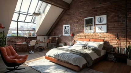 Functional loft bedroom with modern design, natural light, and a cozy bed