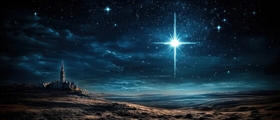 A star is shining in the sky above a castle