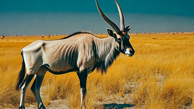 A sable antelope stands in tall grass under a blue sky