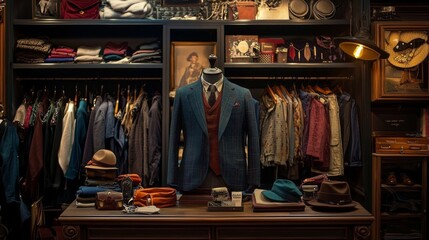 Fototapeta premium Vintage clothing store with suits and fashion items displayed in a charming boutique