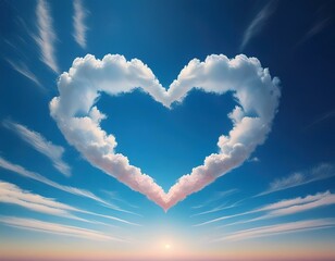 Heart-shaped cloud in the blue sky. Cloudscape. Love, valentine, Valentine’s Day, romantic message. Heart shaped clouds indicating romance. AI generated