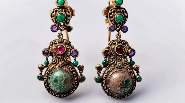 A pair of ornate earrings with emerald, amethyst, and ruby gemstones are displayed against a white background