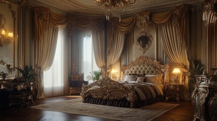 Grand classic bedroom featuring a richly carved bed frame, intricate drapery, and antique accessories