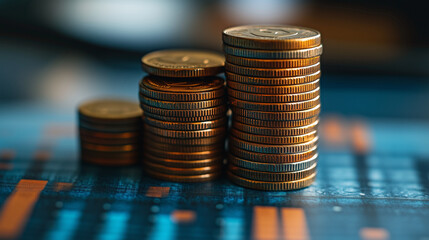 A stylized stack of coins rising on a bar graph, representing capital accumulation and wealth creation.