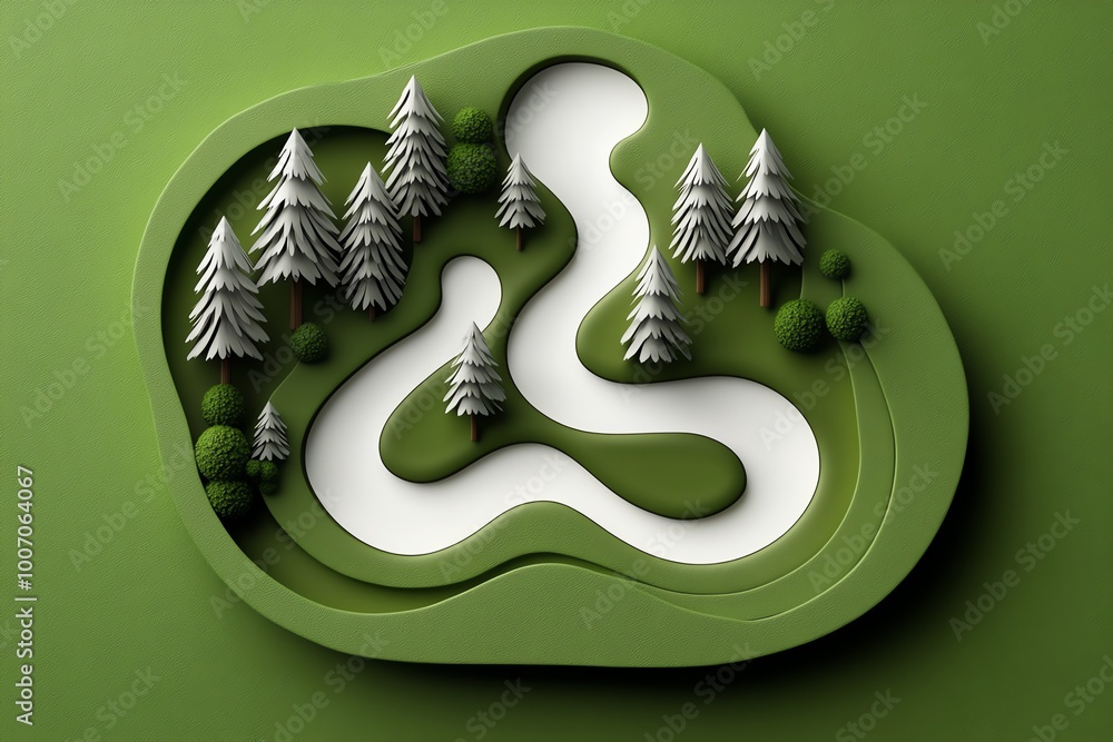 Poster geometric representation of a winding river through a forest, using simple shapes to depict the harm