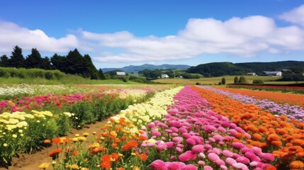 Obraz premium Colorful Flower Field Under a Blue Sky