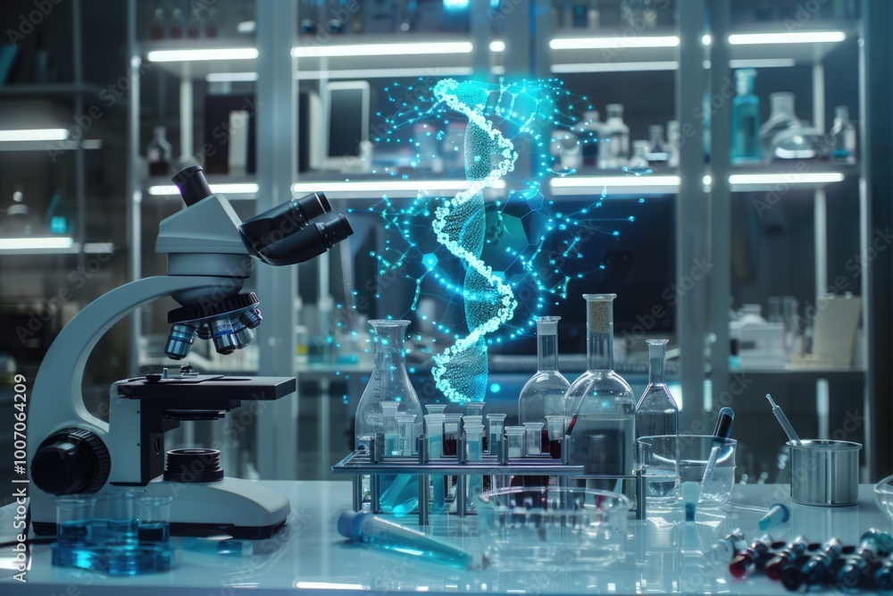 Poster microscope and various laboratory tools on a table