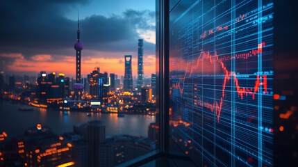 Obraz premium A minimal design of trading graphs projected on a clean, modern office window, overlooking a city skyline.