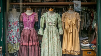 Fototapeta premium Vintage clothing store with dresses and fashion items displayed in a charming boutique