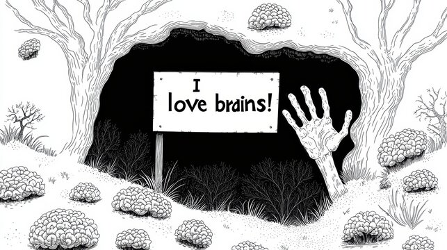 Coloring Book Halloween Zombie A close up illustration of a zombie hand emerging from the ground holding a humorous sign that reads "I love brains!" in a coloring book for Halloween.