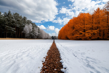 A straight path bisects a forest scene where one side features bright orange autumn trees, and the other, snow-covered evergreens. The two seasons,contrast between the warmth of fall and winter.