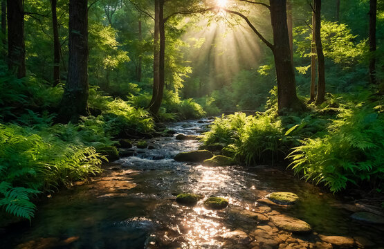 The sun's rays illuminate the forest river