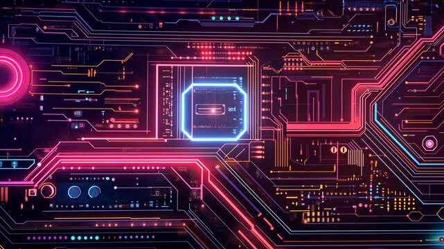 A glowing circuit board with red, blue, and yellow lights illuminates a dark background