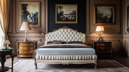 Inviting classic bedroom with a high-backed upholstered bed, ornate lamps, and classic paintings