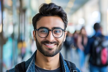 Obraz premium A man with glasses is smiling and wearing a blue jacket. He is surrounded by people, some of whom are carrying backpacks