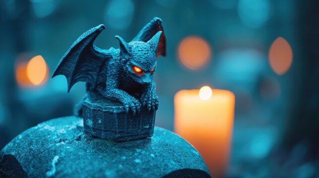 A weathered gargoyle perched atop a mausoleum its stone face seemingly alive in the flickering candlelight its hollow eyes watching over the graveyard with a mournful gaze.