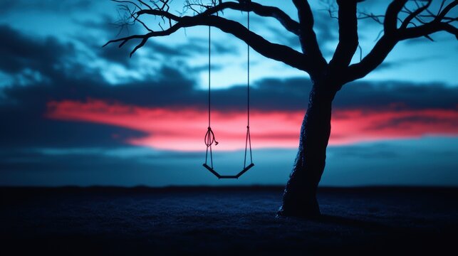 A lone swing set swaying back and forth in the wind beneath a gnarled tree with a noose hanging from one of its branches casting a disturbing shadow on the ground below.