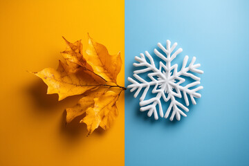 A diagonally split image showing vibrant yellow autumn leaves on one side and a detailed white snowflake on the other. concept the passage from fall to winter in a clean, minimalist composition.
