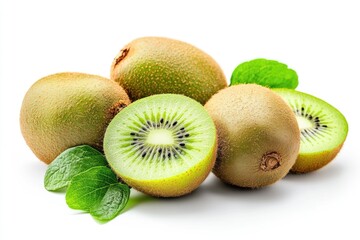 Fototapeta premium Tropical Kiwi Fruit Composition - Exotic Slices and Whole Kiwis Isolated on White Background