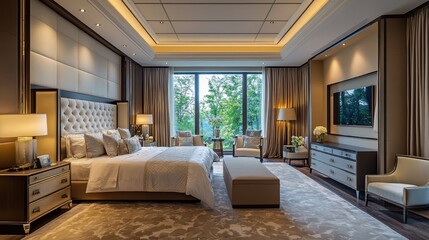 Fototapeta premium Lavish master bedroom featuring a spacious layout, high-end furnishings, and elegant decor