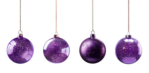 Christmas ball tree ornaments in different purple colors, glitter surface, glass on transparent background cutout. PNG file. Mockup template for artwork design.