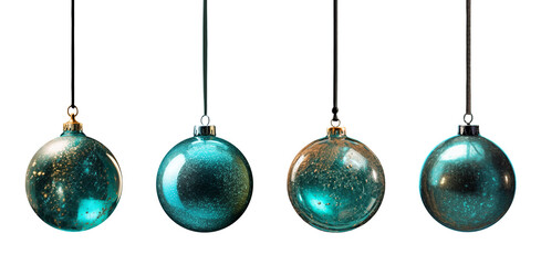Christmas ball tree baubles in various turquoise green colors, glitter surface, glass on transparent background cutout. PNG file. Mockup template for artwork design.