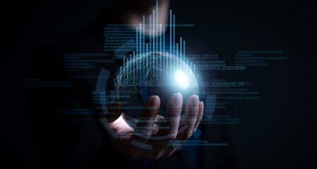 Businessman in connections worldwide networks concept for logistic, export, import, delivery, map, travel communication and international business technology by internet online in network globe icon