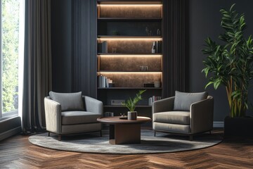 Obraz premium Modern Minimalist Living Space with Two Armchairs and Coffee Table in Stylish Dark Interior