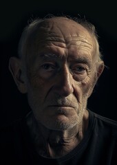 A compelling image of a mature man with a stern expression of a black background. 