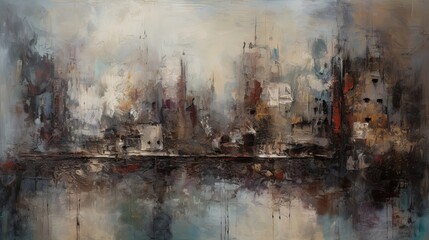 A canvas where layers of thick paint are scraped, layered, and blended to create an abstract representation of urban decay. 