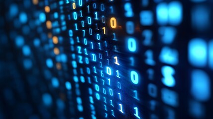 Obraz premium A stream of binary code (ones and zeros) cascading diagonally across a dark blue background, creating a futuristic, data-driven aesthetic.