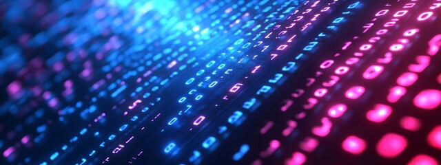 Fototapeta premium A stream of binary code (ones and zeros) cascading diagonally across a dark blue background, creating a futuristic, data-driven aesthetic.