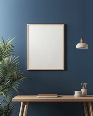 Minimalist Interior Design with Dark Blue Wall and Modern Poster Frame Mockup