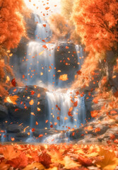 Obraz premium Autumn landscape with waterfall and yellow leaves