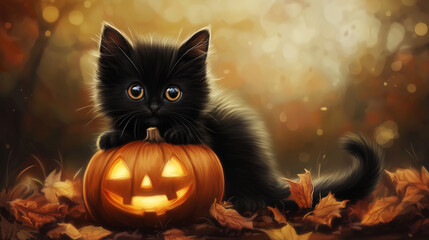 Naklejka premium Halloween Wallpaper with Pumpkin and cute Black Kitten