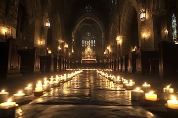 Hundreds of flickering candles line the aisle of a gothic church, leading to the altar in the background. The warm candlelight creates a serene and spiritual atmosphere