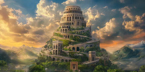 A biblical illustration of the Tower of Babel captures its towering structure, symbolizing humanity's ambition and the origins of language from Genesis