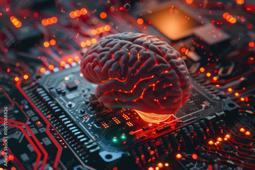 Poster a detailed image of a brain placed on a circuit board, highlighting the connection between technolog