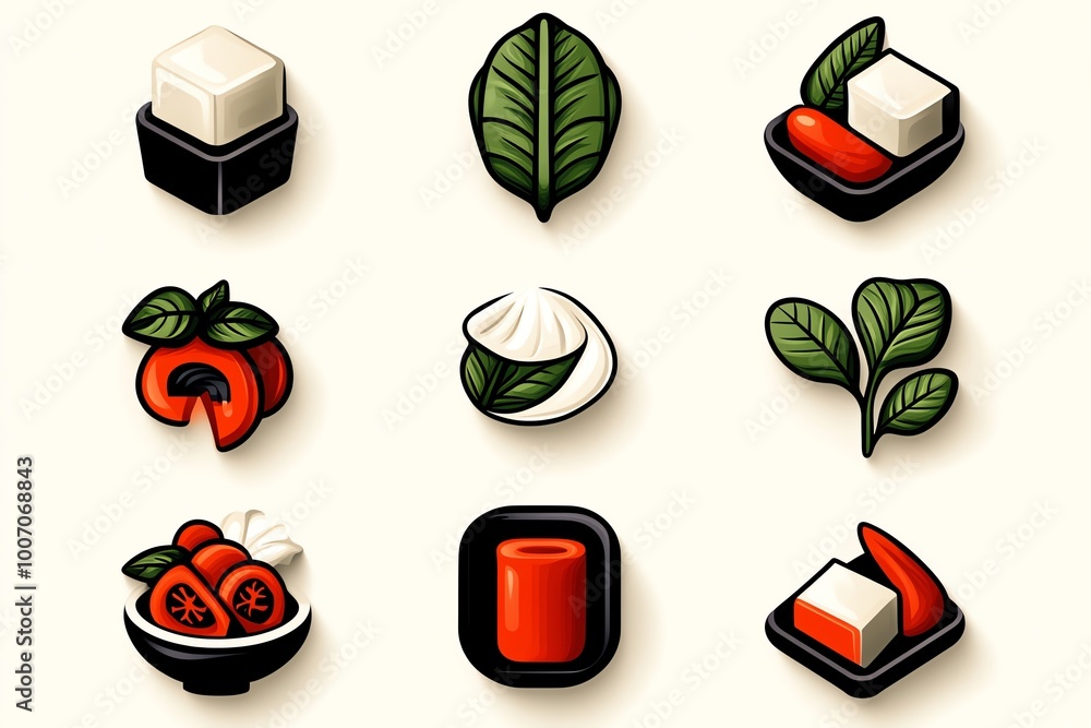 Aufkleber geometric representation of vegetarian stir-fry, using abstract shapes to depict tofu and vegetables