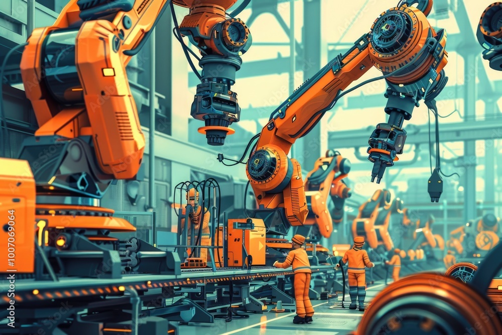 Poster a group of robots stand in a futuristic room