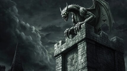 Fototapeta premium A large dragon is perched on top of a castle wall