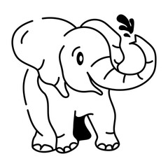 Hand drawn icon showing a cute elephant spraying water with trunk 